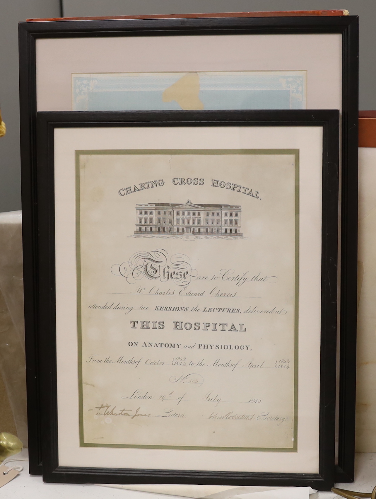 A collection of 19th century ink inscribed doctors certificates including Charing Cross Hospital, three framed